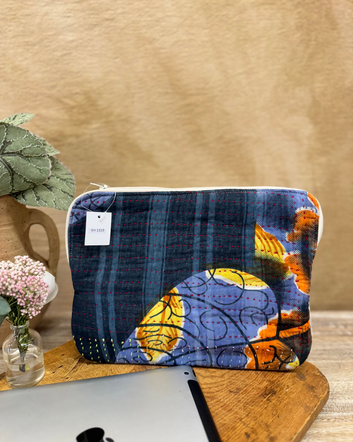 Kantha Tablet Sleeve – Navy Floral Burst Kantha Stitch (10")