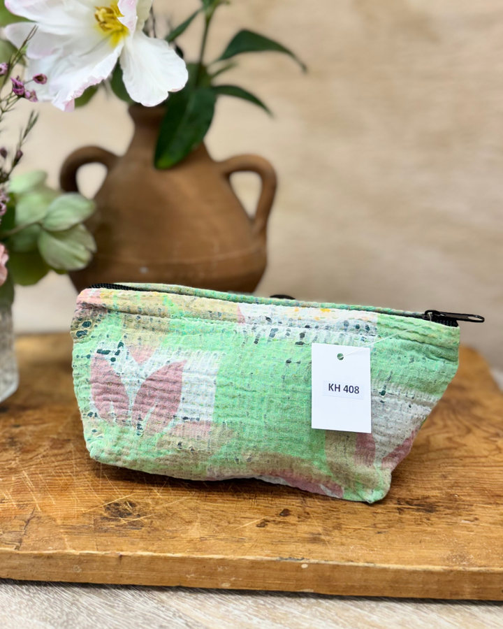 Small Wash Bag – Spring Green with Floral Threadwork