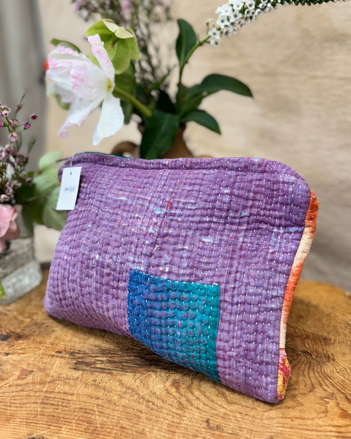 Medium Kantha Sari Wash Bag – Deep Plum with Teal Accent Block