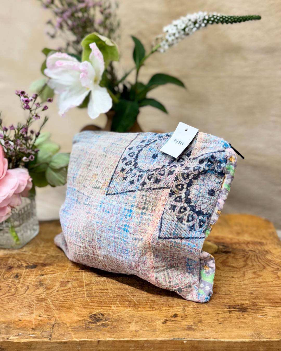 Medium Kantha Sari Wash Bag – Soft Mandala Motif in Faded Earth Tones