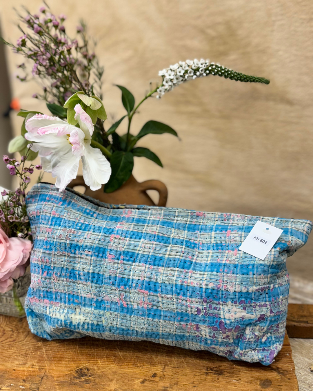 Large Wash Bag – Teal Vintage Sari with Kantha Embroidery