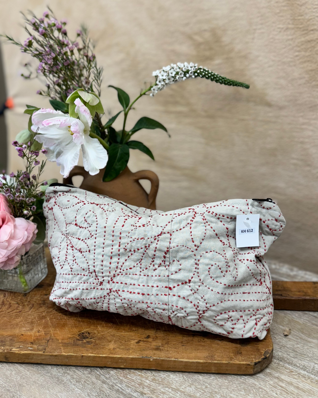 Large Wash Bag – Cream Sari Cotton with Red Kantha