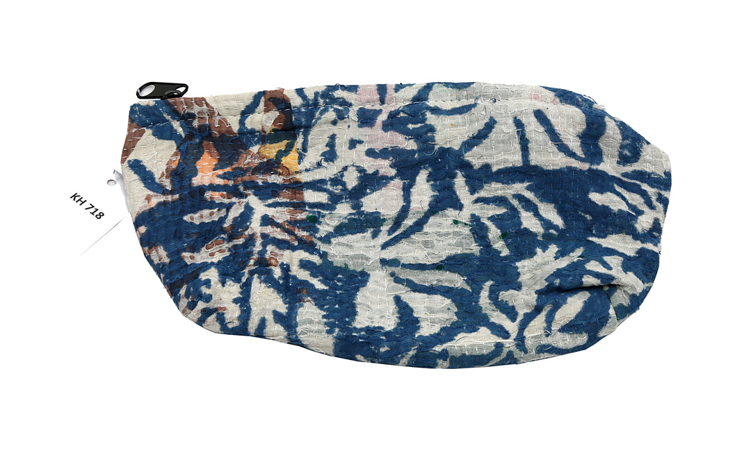 Small Wash Bag – Indigo Leaf Print on Cream Sari