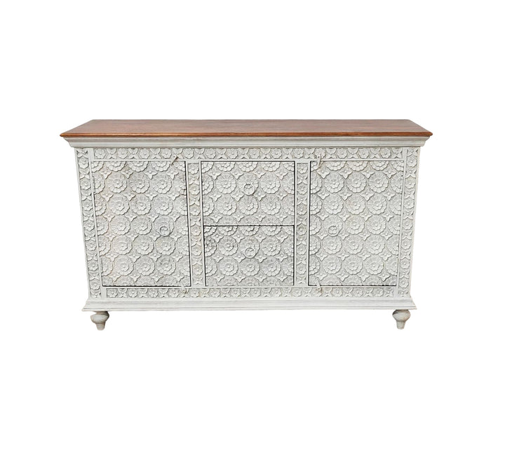 Hand Carved Flower Design Whitewashed Mango Wood Sideboard