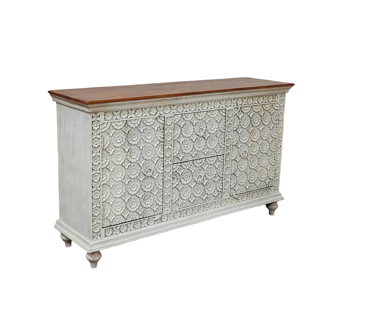 Hand Carved Flower Design Whitewashed Mango Wood Sideboard