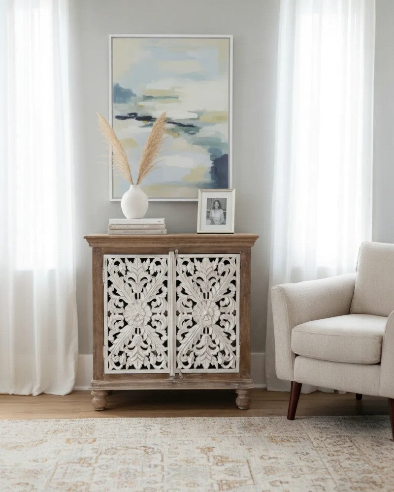 Hand-Carved Mango Wood Sideboard – 2 Doors with Whitewashed Floral Panels