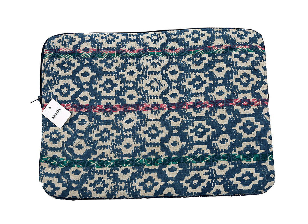 Hand-Stitched Kantha Laptop Sleeve – Indigo with Colourful Embroidery