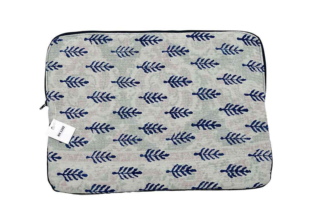 Block-Printed Kantha Laptop Sleeve – Navy Leaf Motif