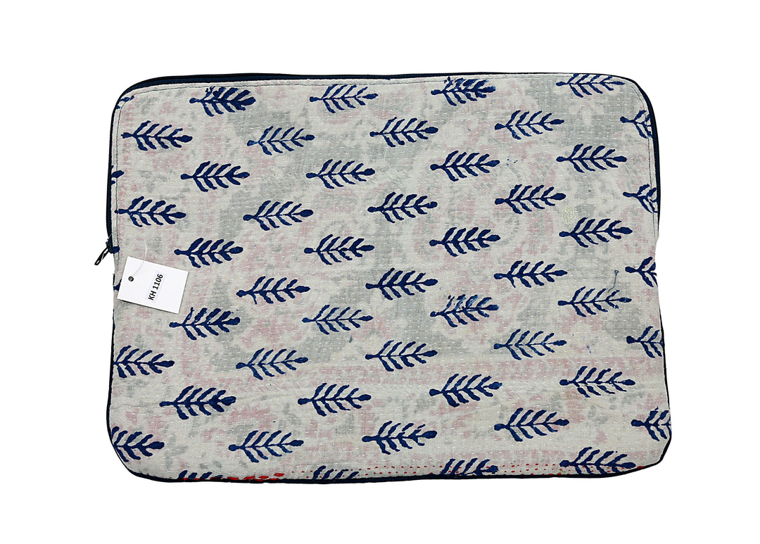 Block-Printed Kantha Laptop Sleeve – Navy Leaf Design