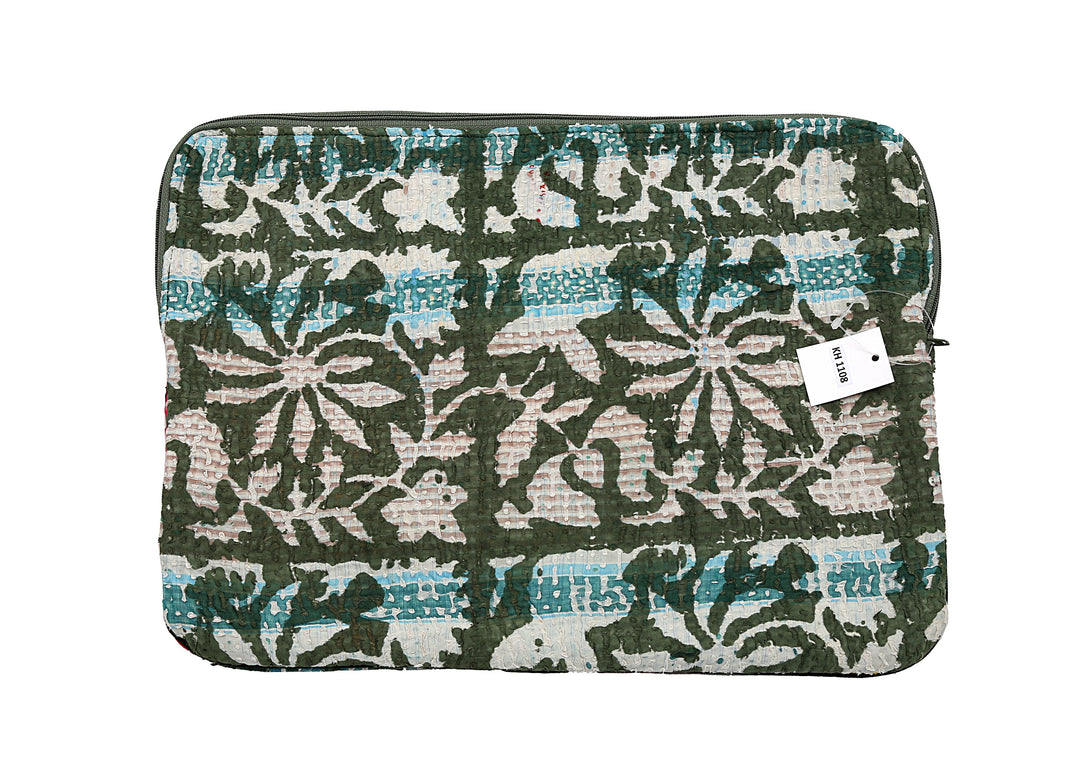 Green Kantha Laptop Sleeve – Vintage Floral Print