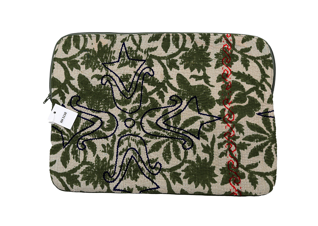 Embroidered Green Kantha Laptop Case – Heritage Cross Motif