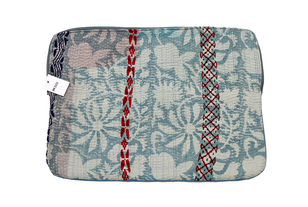 Sky Blue Kantha Laptop Sleeve – Red Stitched Detail