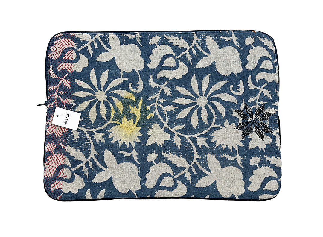 Blue Kantha Laptop Sleeve – Yellow Embroidered Flowers