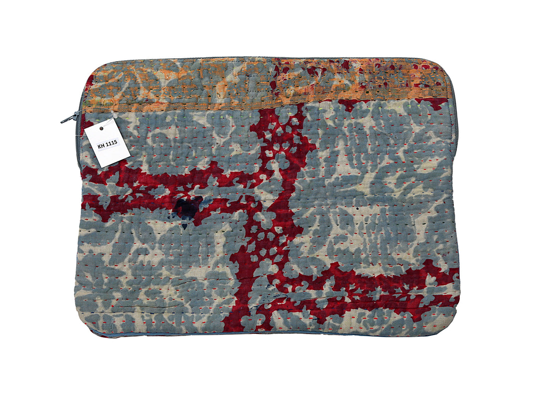 Vintage Kantha Laptop Sleeve – Red & Grey Abstract