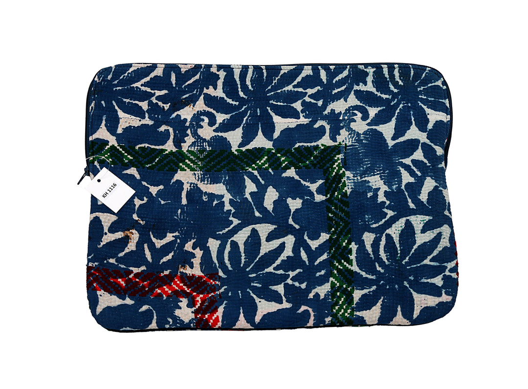 Kantha Laptop Sleeve – Indigo & Green Patchwork Design