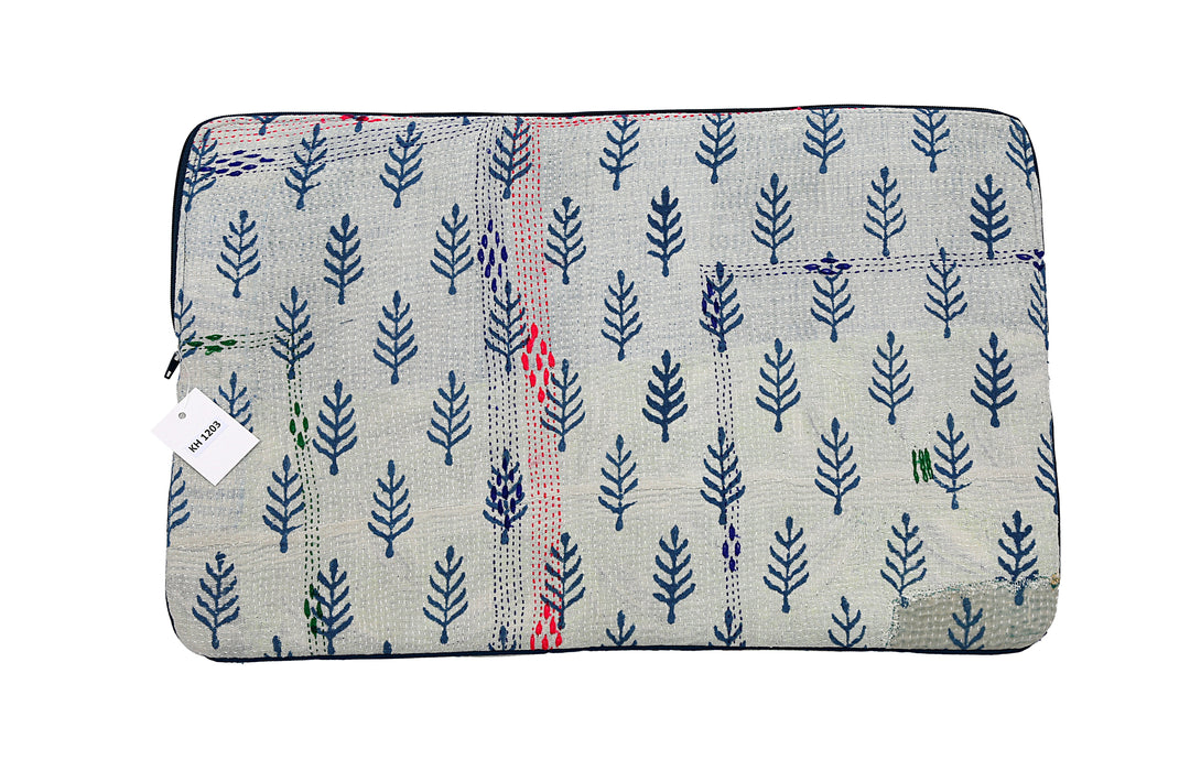 Repurposed Sari Laptop Case – Blue Leaf Print with Rainbow Stitch