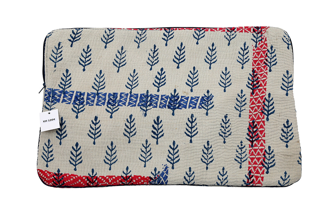 Repurposed Sari Laptop Case – Tree Motif with Bold Blue & Red Accents
