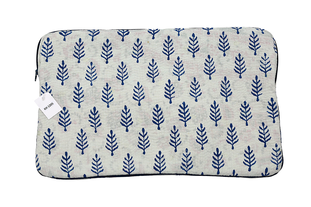 Repurposed Sari Laptop Case – Simple Blue Leaf Print on Soft Cream
