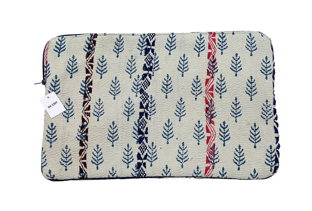 Repurposed Sari Laptop Case – Leaf Block Print with Red Borders