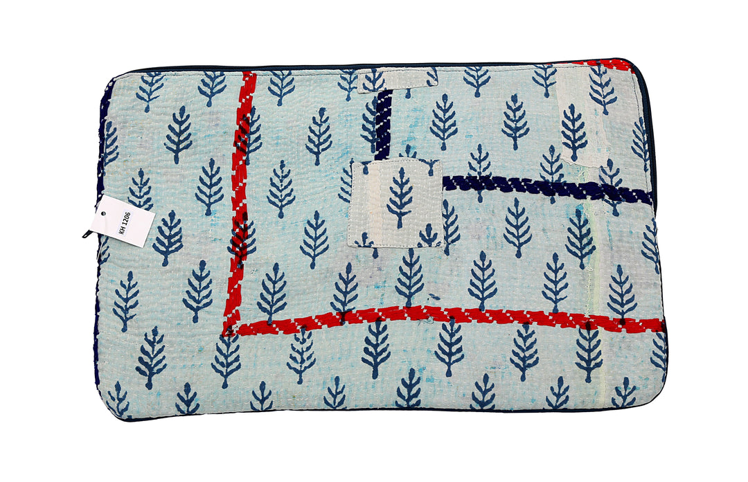 Repurposed Sari Laptop Case – Striped Kantha Design on Tree Print