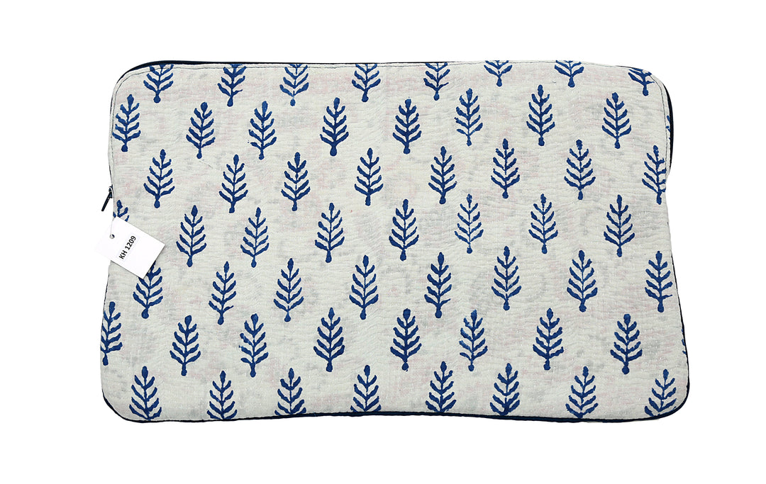 Repurposed Sari Laptop Case – Soft Cream with Navy Tree Motif