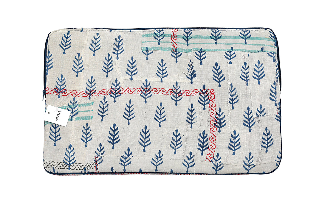 Repurposed Sari Laptop Case – Tree Motif with Red & Teal Stripe Stitch
