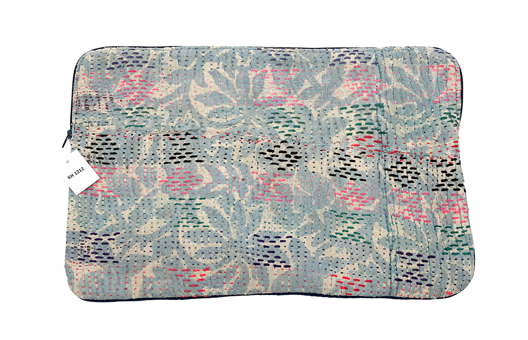 Repurposed Sari Laptop Case – Pastel Floral with Rainbow Kantha Stitch