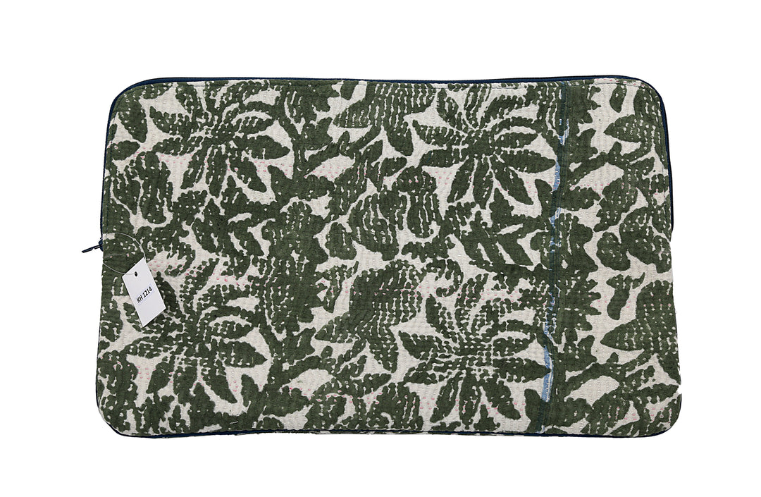 Repurposed Sari Laptop Case – Olive Leaf Print with Rustic Texture
