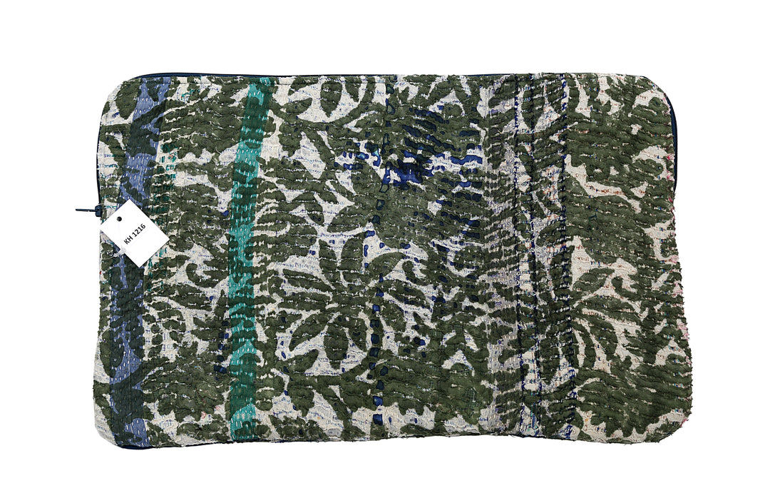 Repurposed Sari Laptop Case – Forest Floral with Teal & Navy Kantha