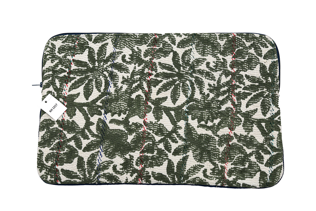 Repurposed Sari Laptop Case – Vintage Leaf Kantha with Red Detail