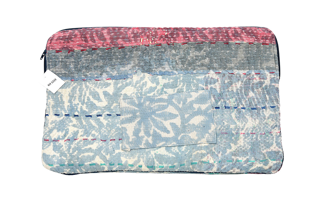 Repurposed Sari Laptop Case – Red, Grey and Sky Blue Patch Stitch
