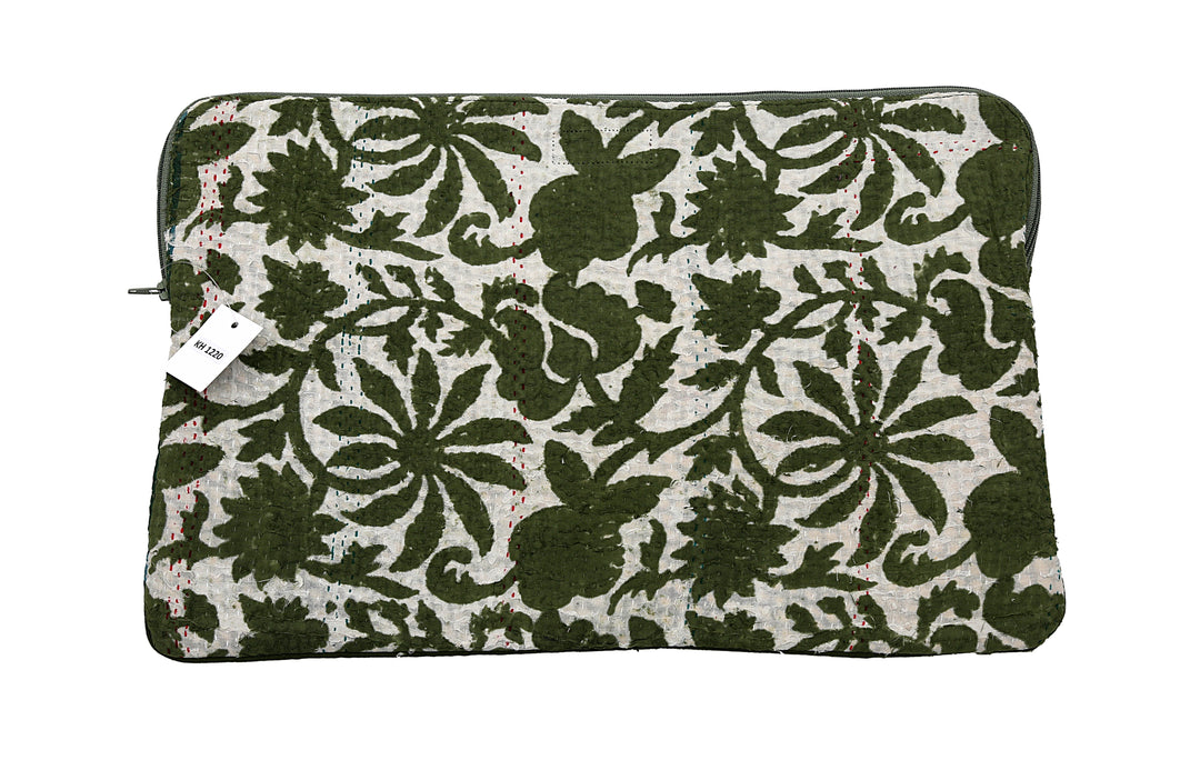 Repurposed Sari Laptop Case – Deep Green Floral with Colour Stitch