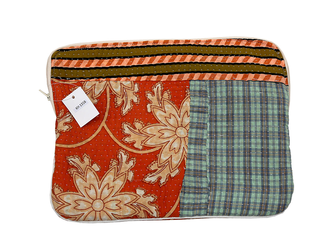Kantha Tablet Sleeve – Rust Floral & Teal Check Panel (10")
