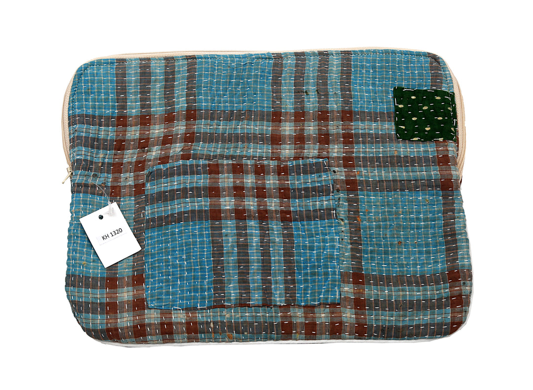Kantha Tablet Sleeve – Blue Check Patchwork Kantha Stitch (10")