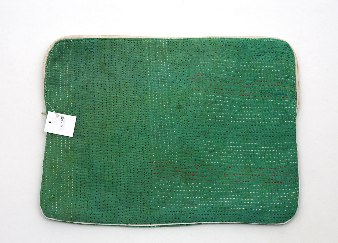 Green Kantha Laptop Sleeve (13") – Minimalist Hand-Embroidered Design