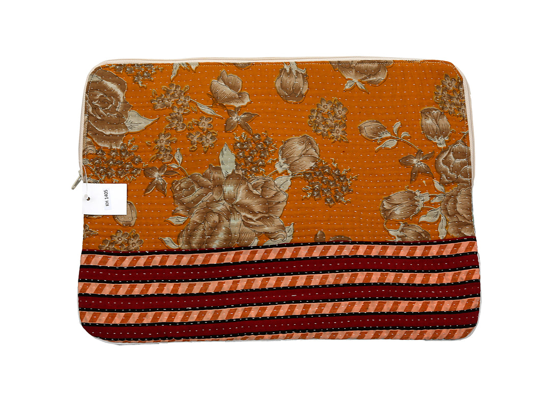 Floral Kantha Laptop Sleeve (13") – Mustard Orange with Retro Stripes