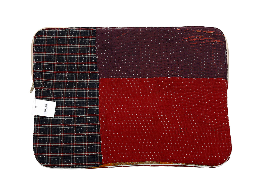 Patchwork Kantha Laptop Sleeve (13") – Deep Red, Purple & Check Panels