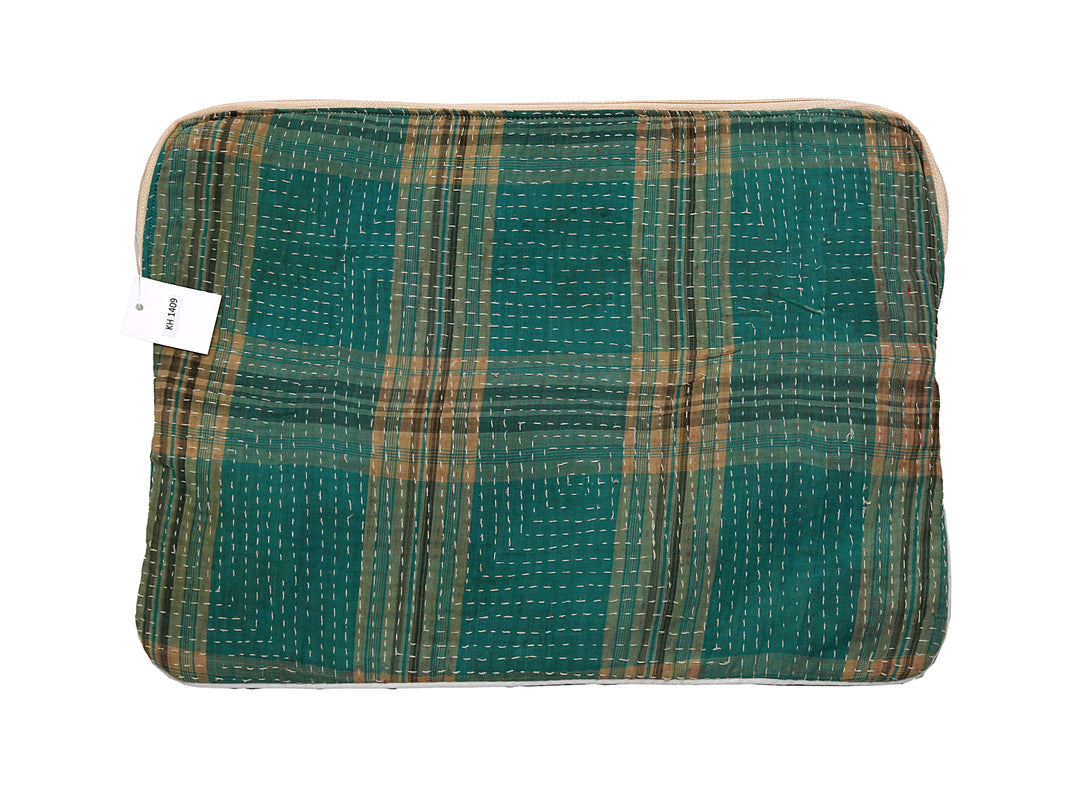 Kantha Laptop Sleeve (13") – Teal Plaid with Linear Stitching