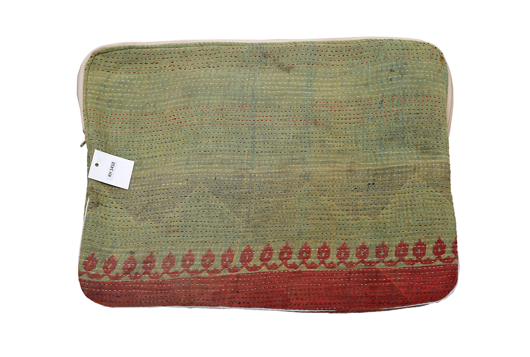 Olive & Red Border Kantha Laptop Sleeve (13") – Hand-Stitched Vintage Look