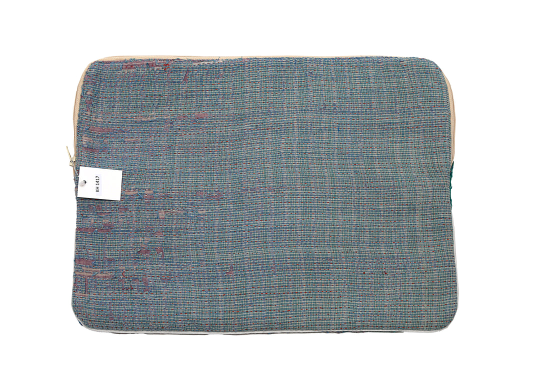 13" Kantha Laptop Sleeve – Blue Check Kantha Stitch