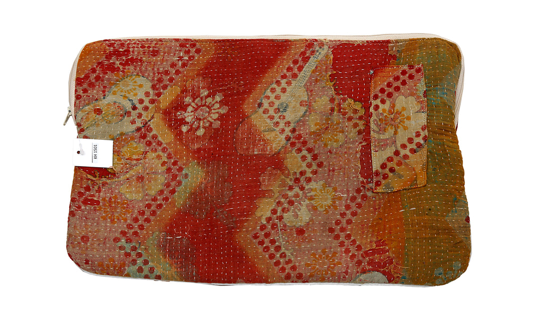 Vintage Sari Laptop Case (15") – Red Floral Patchwork, Hand-Embroidered