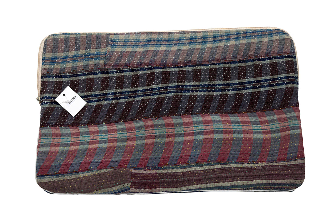 Vintage Sari Laptop Case (15") – Earthy Stripe Patchwork with Kantha Stitch