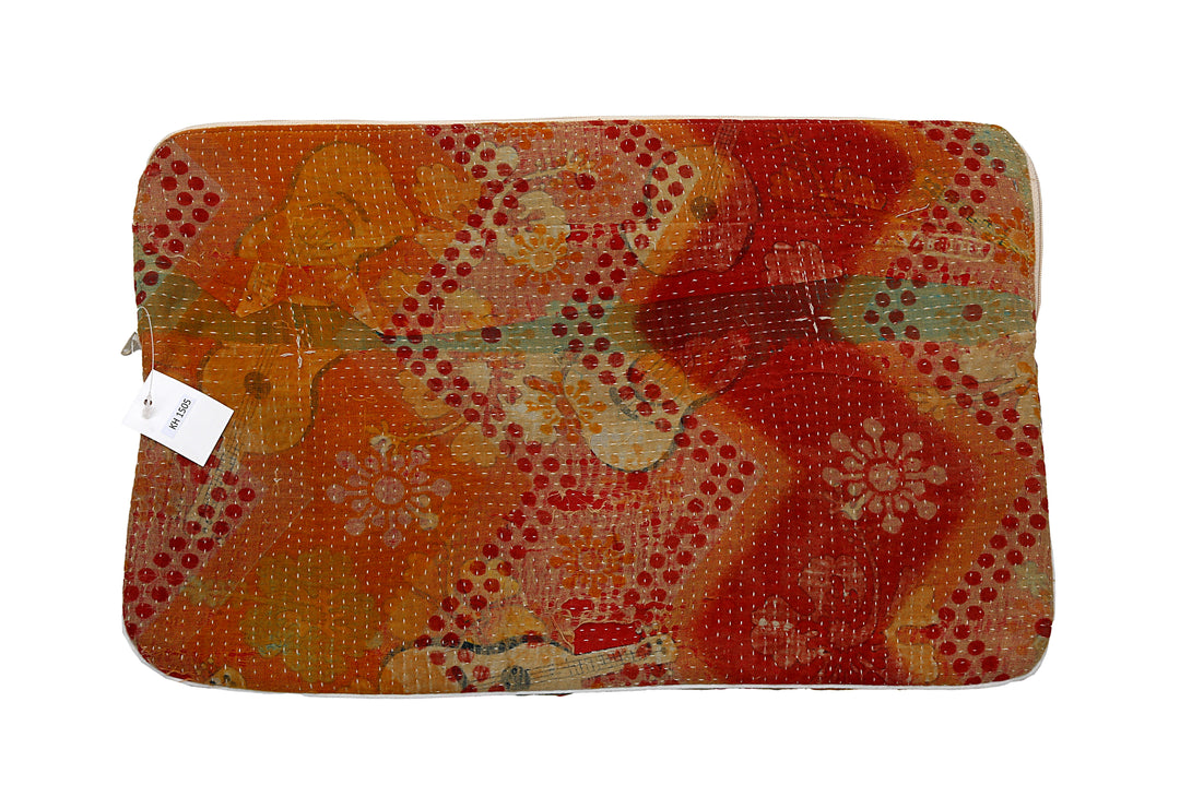 Vintage Sari Laptop Case (15") – Red & Orange Chevron with Floral Embroidery