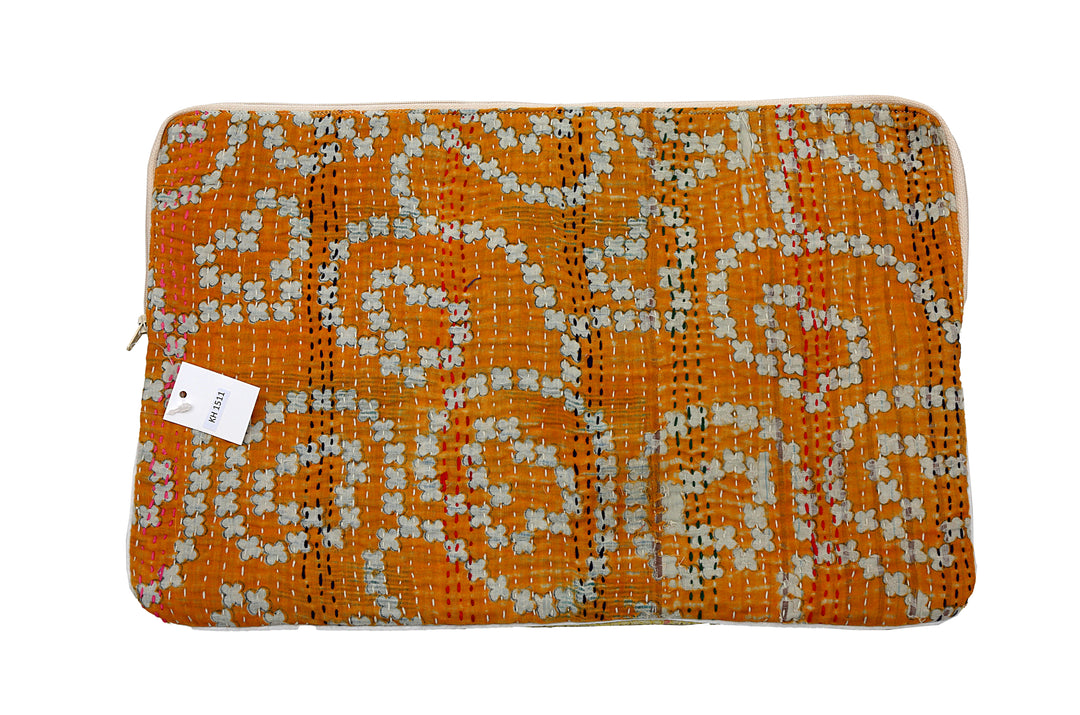 Vintage Sari Laptop Case (15") – Mustard Swirl with Floral Embroidery