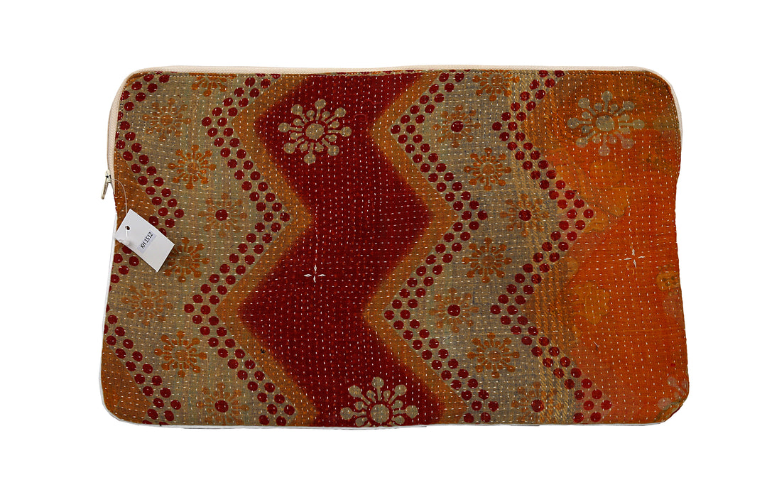 Vintage Sari Laptop Case (15") – Red Chevron with Sunburst Motif