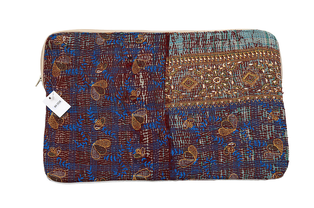 Vintage Sari Laptop Case (15") – Deep Maroon with Blue Floral Embroidery