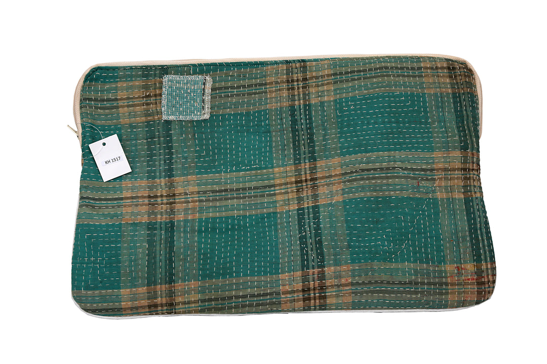 Vintage Sari Laptop Case (15") – Teal Check with Kantha Stitch