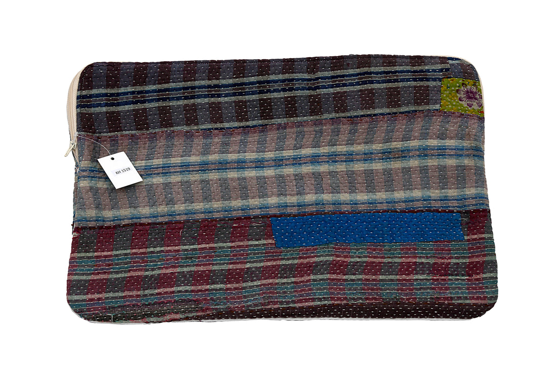 Vintage Sari Laptop Case (15") – Plum Stripe Patch with Blue Accent