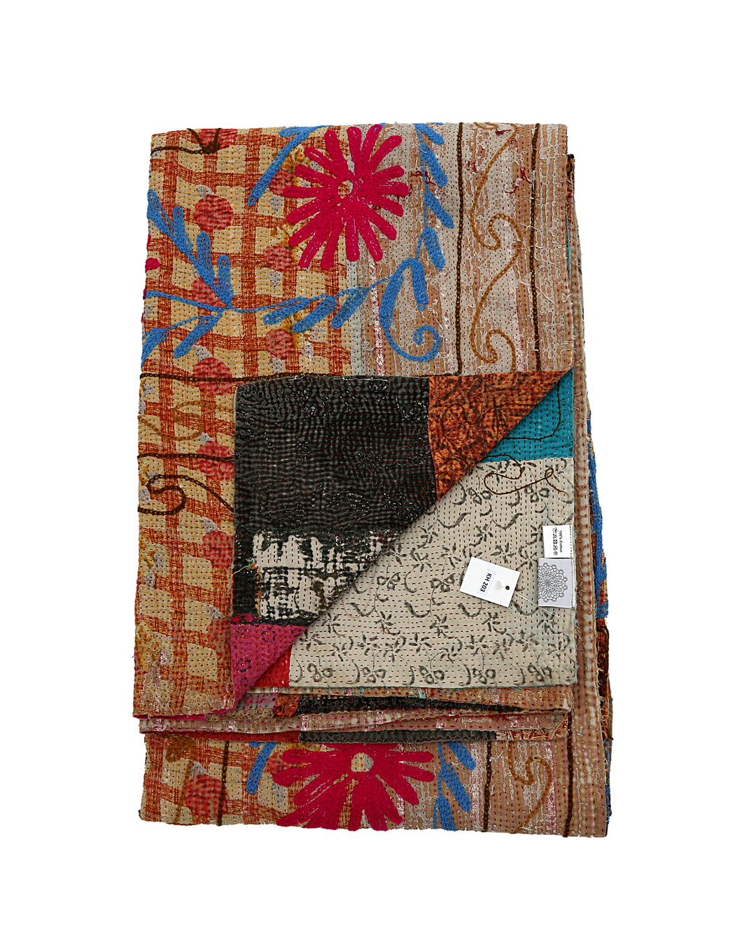 Vintage Hand-Embroidered Kantha Throw – Red Florals with Ochre & Turquoise Accents