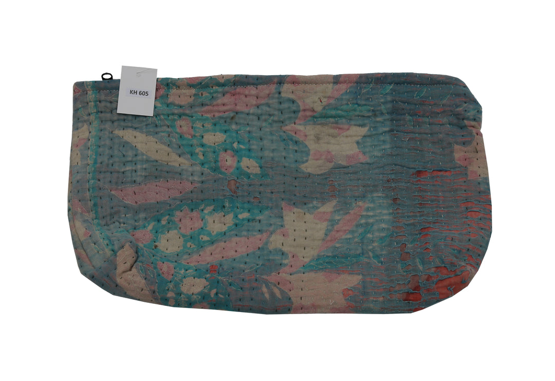 Large Wash Bag – Floral Teal & Blush Hand-Stitched Cotton